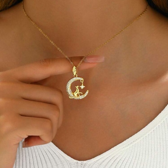 18k Gold Plated Cat and Moon Necklace, Crescent Moon and Cat Necklace - Picture 2 of 4